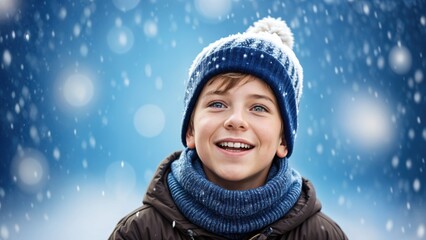 Cheerful young boy wearing a blue winter beanie hat, smiling as he watches snowflakes fall. Captures the joy and wonder of a winter day.