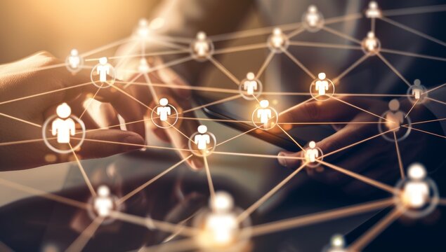 Digital network, interconnected people on social media icons, symbolizing the growth in online community. business online networking system