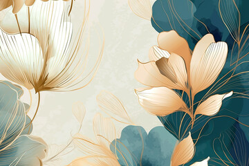 Abstract art background vector Luxury minimal style wallpaper with golden line art flower shapes Watercolor.