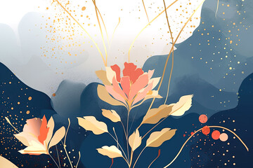 Background abstract art vector Luxury style wallpaper with floral pattern and gold lines, gold dots on an indigo watercolor.