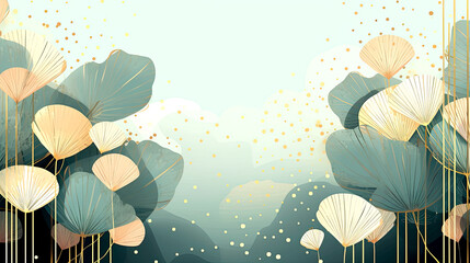 Wallpaper art background vector Luxury minimal style abstract with golden line art botanical leaves shapes.
