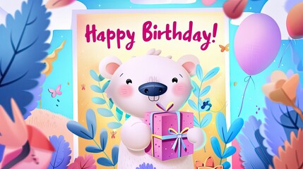 Naklejka premium Smiling Animal Celebrating Birthday with Colorful Caption in Hand