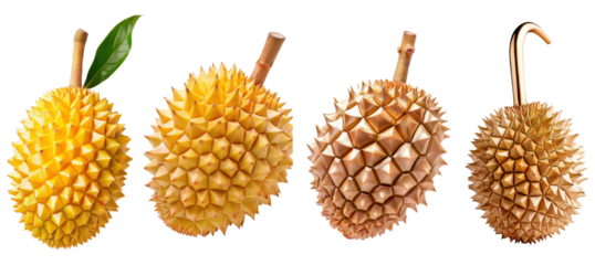 Set of four artificial durians with golden and metallic textures, isolated on transparent background Unique and creative design elements.