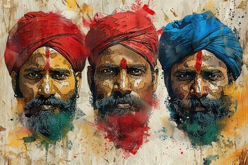 Obraz premium Close up of a color festival scene in india, face with colors on colored background