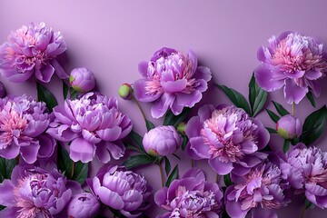 Fototapeta premium Beautiful Pink Peony Flowers Arranged on Lavender Background