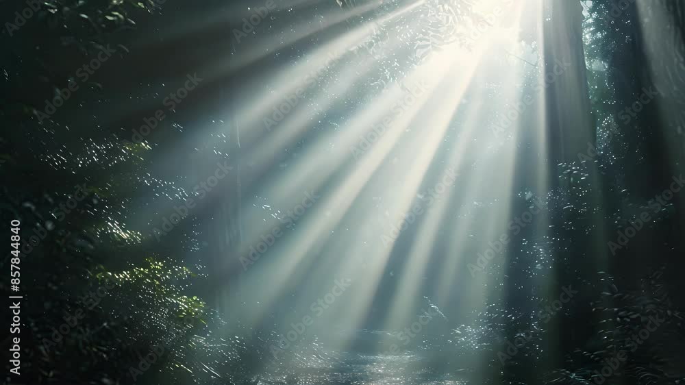 Poster beams of light that seem to emanate from the trees themselves leading the way through the dark fores