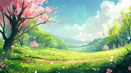 A beautiful, sun-drenched spring summer meadow. Natural colorful panoramic landscape with many wild flowers of daisies against blue sky. A frame with soft selective focus.