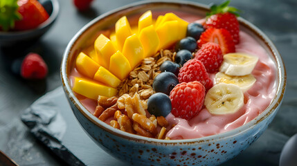 A bowl of freshly made fast food coconut yogurt with vibrant ingredients and rich flavors
