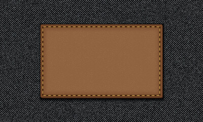 Black jeans texture. Denim background. Leather badge, denim label.