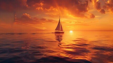Fototapeta premium A lone sailboat on a calm ocean at sunset with a vibrant orange sky