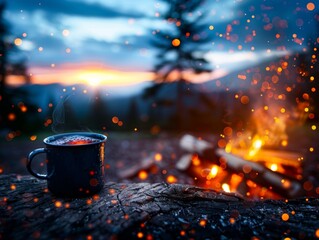 A cozy campfire setting during sunset with a wooden log, a warming cup of coffee, and flying embers creating a serene outdoor atmosphere.