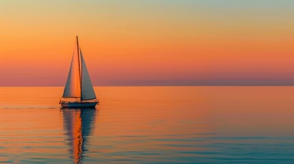 A lone sailboat on a calm ocean at sunset with a vibrant orange sky
