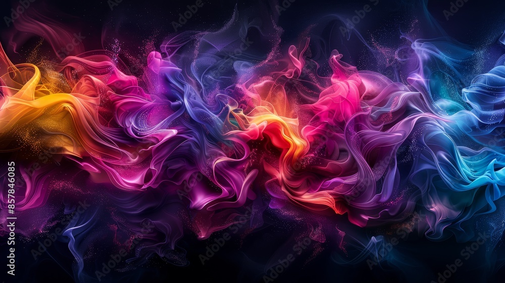 Poster a vibrant abstract of colorful smoke swirling against a dark backdrop, creating a mystical and capti