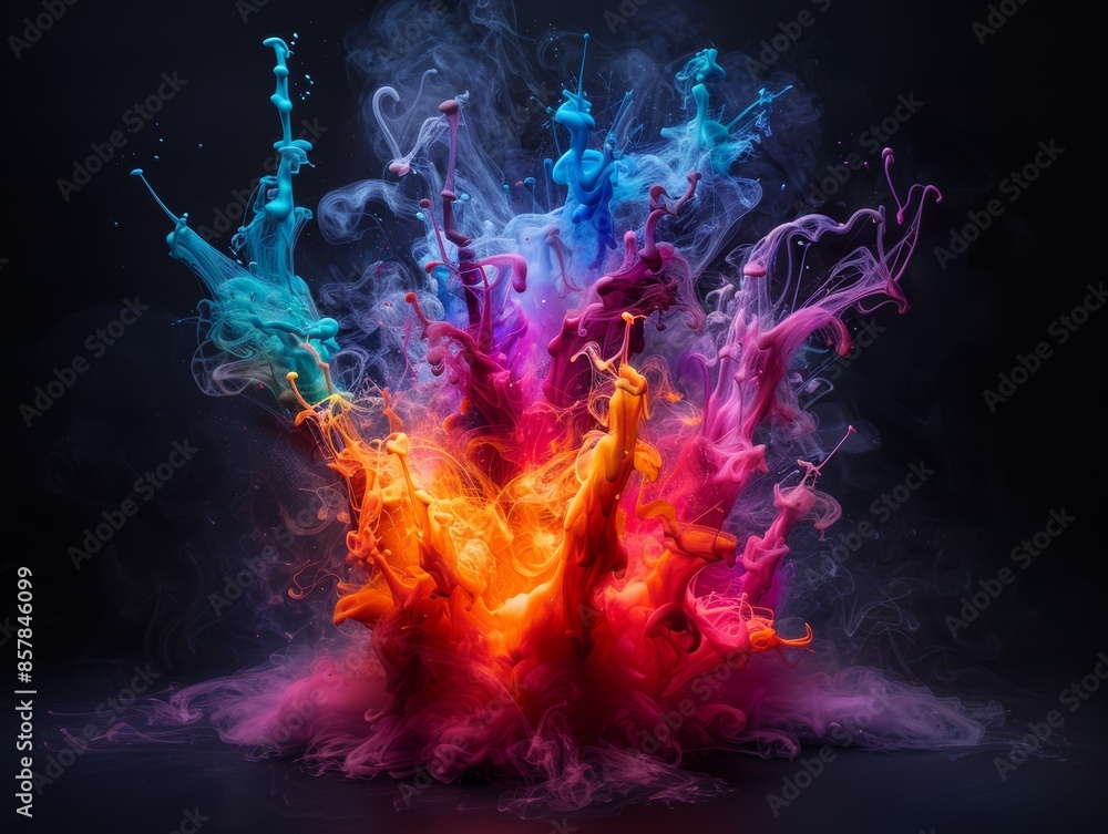 Poster a vibrant explosion of multicolored inks on a dark background, creating a mesmerizing abstract art p