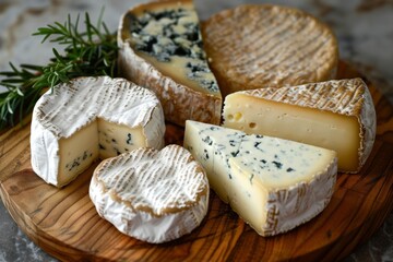 A tempting assortment of artisan cheeses beautifully arranged on a wooden cheese board, featuring various textures and flavors
