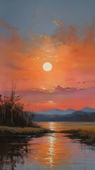 sunset over the lake, ai generated