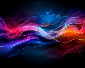 Abstract colorful waves with vibrant blue, pink, and orange flowing energy lines on a dark background, evoking movement and modern digital art.