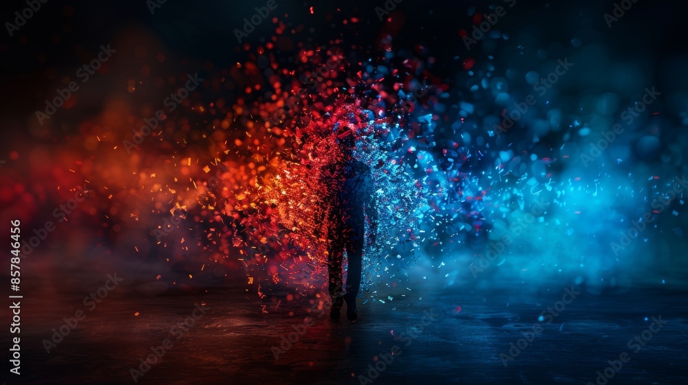 Poster abstract image of a person amidst colorful particles, showcasing a blend of warm and cool hues, crea
