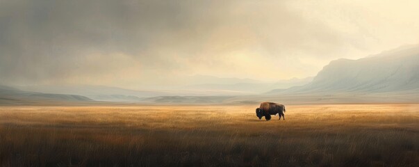 Fototapeta premium A lone bison grazes in a vast, golden field under a dramatic sky with distant mountains on the horizon, symbolizing solitude and nature.