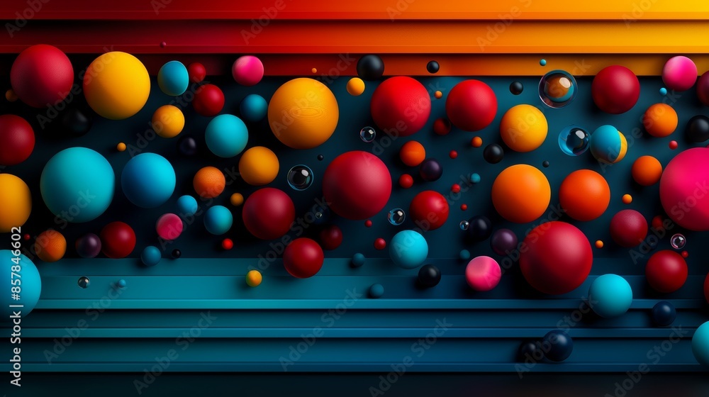 Poster colorful abstract background with 3d spheres and gradient stripes creating vibrant, dynamic patterns