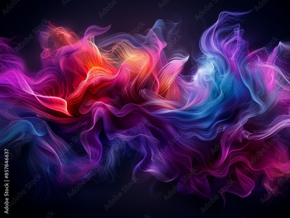 Poster colorful abstract smoke art in vibrant hues, blending motion and light on a dark background, creatin