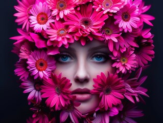 Close-up portrait of a woman with vibrant pink flowers beautifully arranged around her face, creating an artistic floral headdress.