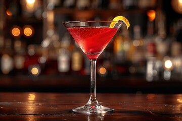 A cosmopolitan cocktail in a stemmed martini glass, with a twist of lemon peel on the rim. 