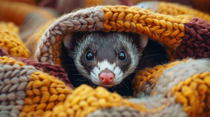 Obraz premium Curious Ferret Peeking Out of Blanket.