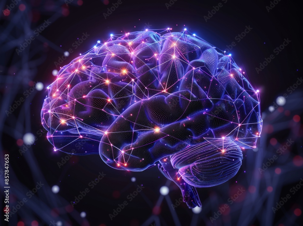 Poster digital brain illustration with illuminated nodes