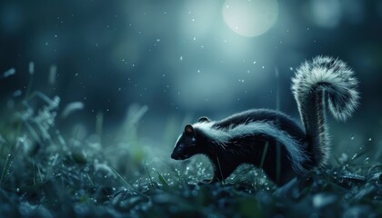 A skunk walking through a field at night under a moonlit sky, surrounded by gentle falling rain and dewy grass.