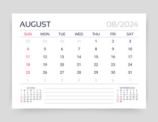 August 2024 year calendar. Week starts Sunday. Planner calender template. Desk monthly organizer. Table schedule grid. Timetable layout. Corporate diary. Vector simple illustration. Paper size A5