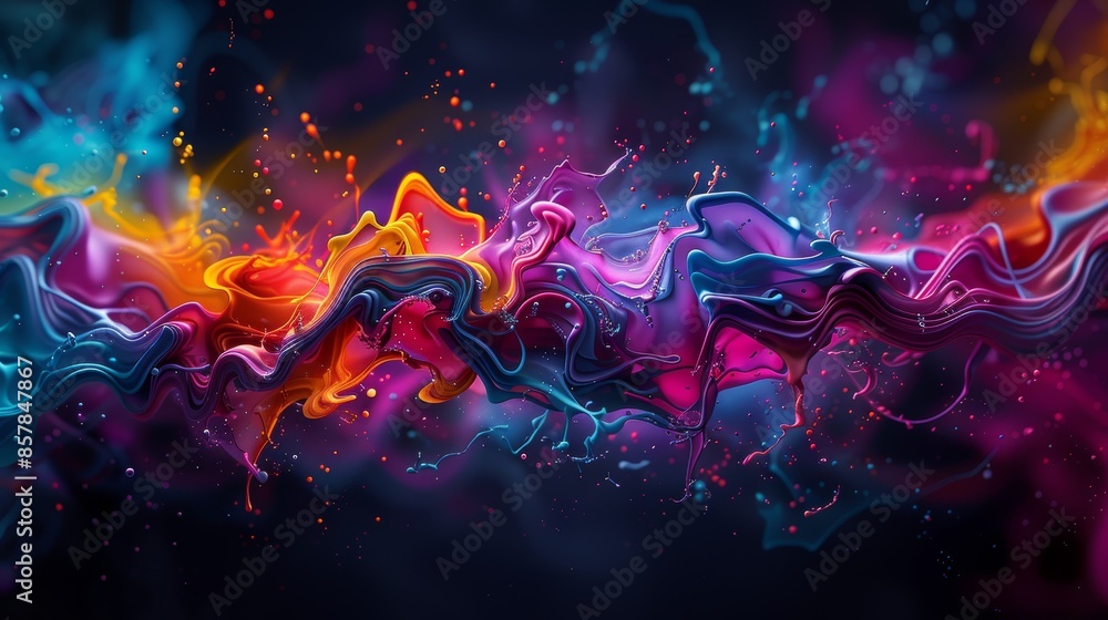 Poster dynamic abstract art with vibrant colors swirling and blending, creating a mesmerizing and energetic