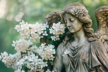 Angel statue with white flowers on blurry green background. ai generative