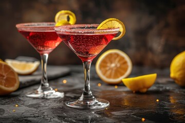 A cosmopolitan cocktail in a stemmed martini glass, with a twist of lemon peel on the rim. 