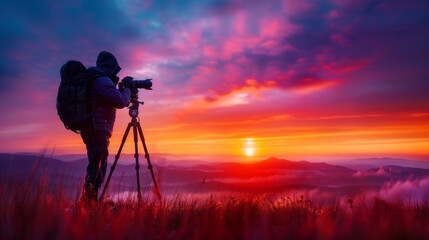 Photographer capturing a vibrant sunset over a scenic landscape with a DSLR camera on a tripod in the foreground. Stunning sky colors.