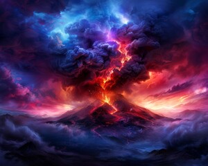 Fototapeta premium Stunning digital artwork of a volcanic eruption with vivid colors and dramatic skies, capturing the raw power and beauty of nature.
