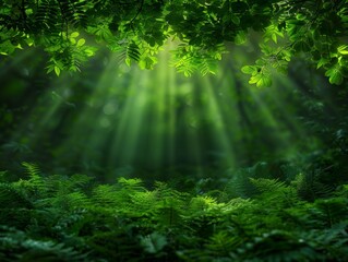 Fototapeta premium Sunlight filters through lush green foliage in a serene forest, casting a magical glow on the vibrant ground cover below.