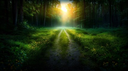 Obraz premium Sunlit forest path with lush green grass and tall trees bathed in soft, ethereal sunlight, creating a tranquil and serene atmosphere.