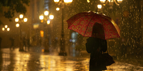 A girl standing under street lights with umbrella at night