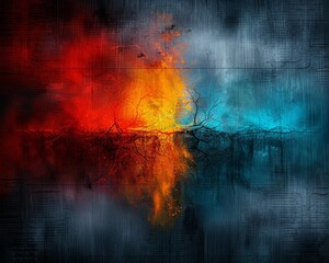 Fototapeta premium Vibrant abstract art with fiery red, yellow, and cool blue tones blending seamlessly. Modern digital painting perfect for contemporary spaces.
