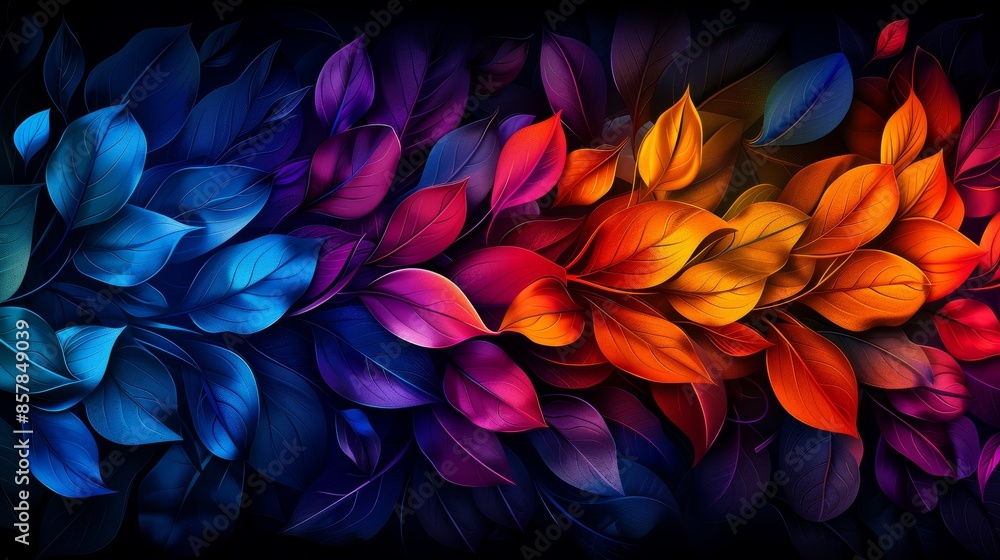 Poster vibrant abstract background with colorful leaves in a spectrum from blue to red hues, creating a dyn