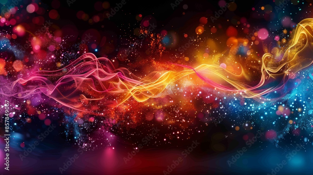 Poster vibrant abstract background with dynamic swirls of colorful light and particles creating an energeti
