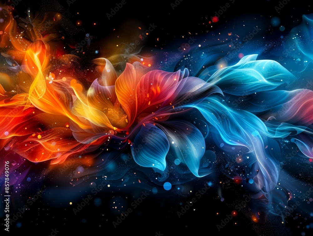 Poster vibrant abstract colorful design with flowing shapes and dynamic contrasts of blue, red, and orange 