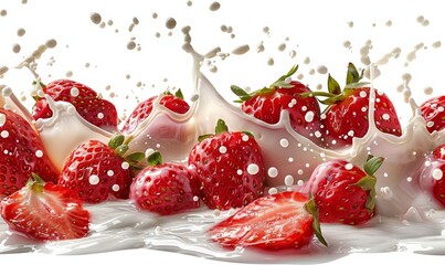 Fresh Red Strawberries Splashing Into Creamy Milk