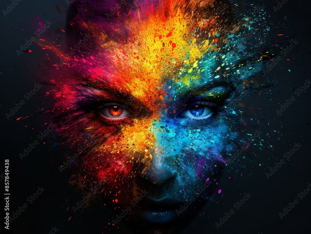 Poster vivid and colorful abstract portrait of a face with splattered paint effects creating a dynamic and 