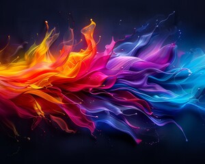 Vibrant abstract rainbow colored waves on a dark background, depicting motion and energy in a stunning, colorful art piece.
