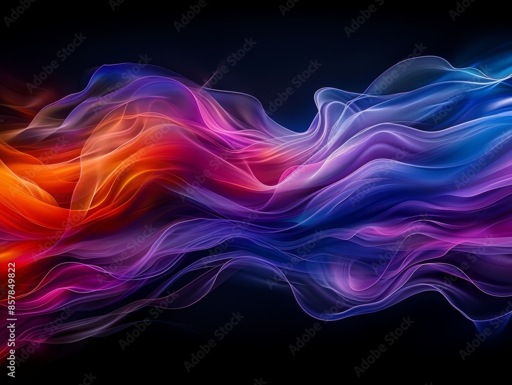 Poster vibrant abstract wave pattern in multicolored hues, creating a dynamic visual flow against a dark ba