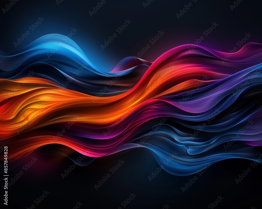 Poster vibrant abstract wave patterns in vivid colors flowing dynamically over a dark background, creating 