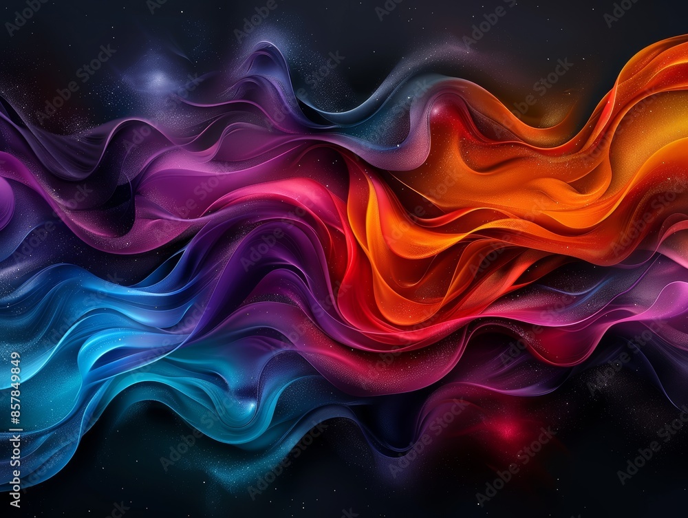 Poster vibrant abstract waves of colorful light blending seamlessly on a dark background, creating a dynami