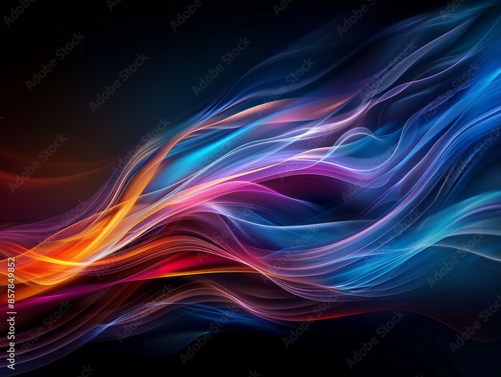 Poster vibrant abstract waves of colorful light on a dark background, perfect for designs needing a dynamic